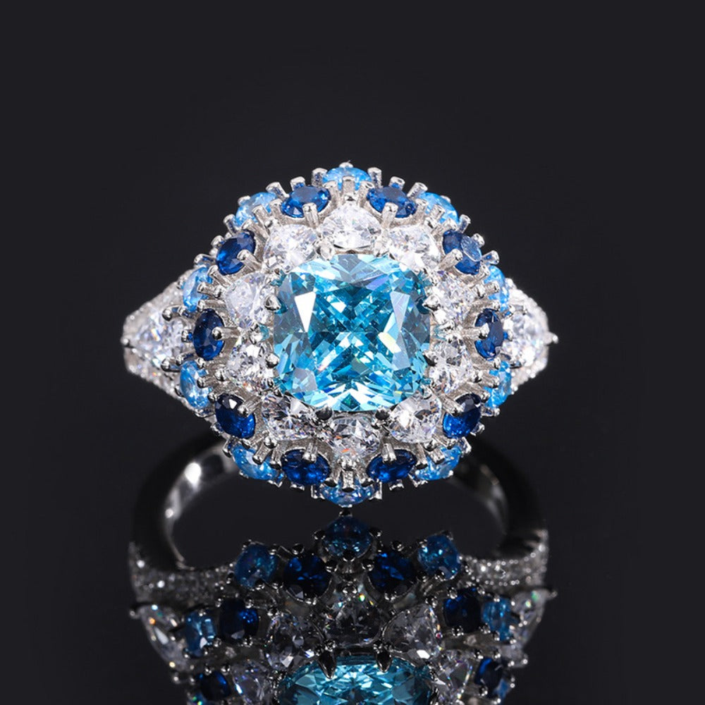 Urqanyu S925 silver simulated aquamarine stamen luxury cubic zirconia ring