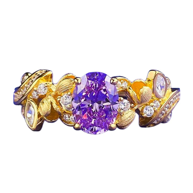 Urqanyu S925 silver purple fantasy purple brushed three-dimensional flower bud cubic zirconia ring