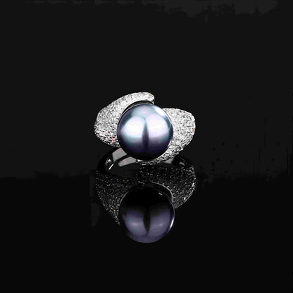 Urqanyu Copper plated white gold inlaid pearls elegant simple cubic zirconia ring 14mm
