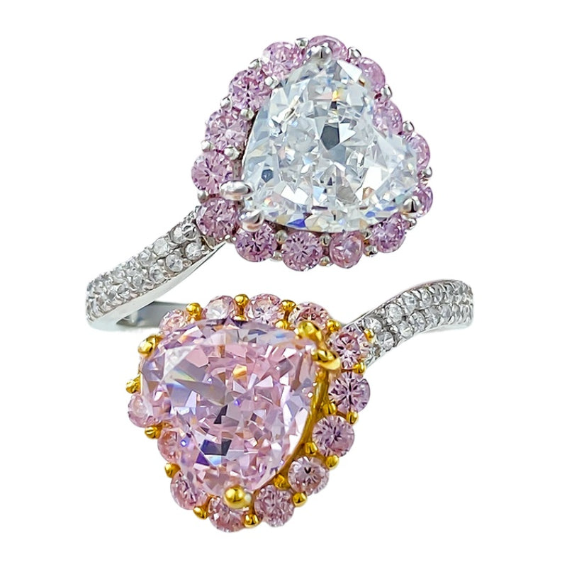 Urqanyu s925 silver contrast color pink diamond heart-shaped cubic zirconia ice flower cut open ring