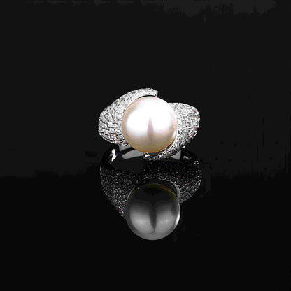 Urqanyu Copper plated white gold inlaid pearls elegant simple cubic zirconia ring 14mm