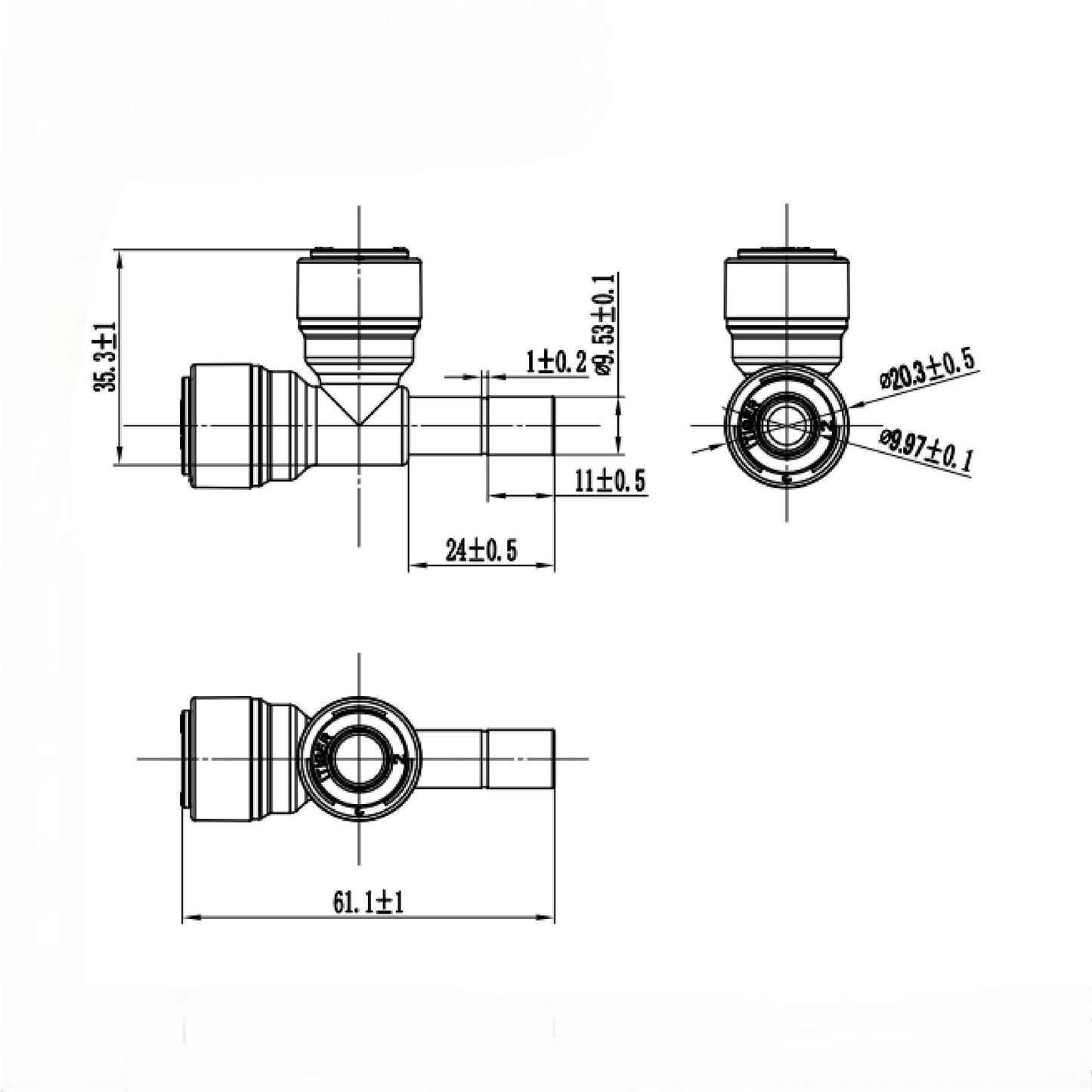 Water Pipe Stem Run Tee for Side 3/8" stem Plug x 3/8" Tubing,  Push to Connect Plastic Quick Fittings for Reverse Osmosis System 1820-B