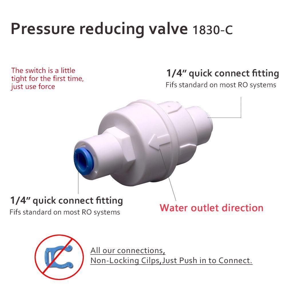 Water Pressure Relief Regulator Reducing Valve Filter Protection RO Water System 1/4” Plastic Quick Connect Push Fit for Water Purifiers and Fauce 1830-C