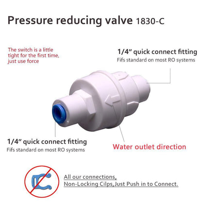 Water Pressure Relief Regulator Reducing Valve Filter Protection RO Water System 1/4” Plastic Quick Connect Push Fit for Water Purifiers and Fauce 1830-C