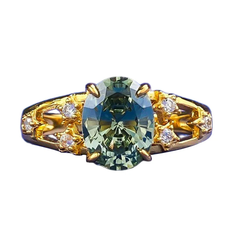Urqanyu S925 silver oxygen mint green oval tourmaline green cubic zirconia ring 6*9