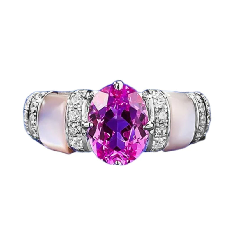 Urqanyu 925 silver natural pink shell rupee red cubic zirconia diamond ring silver