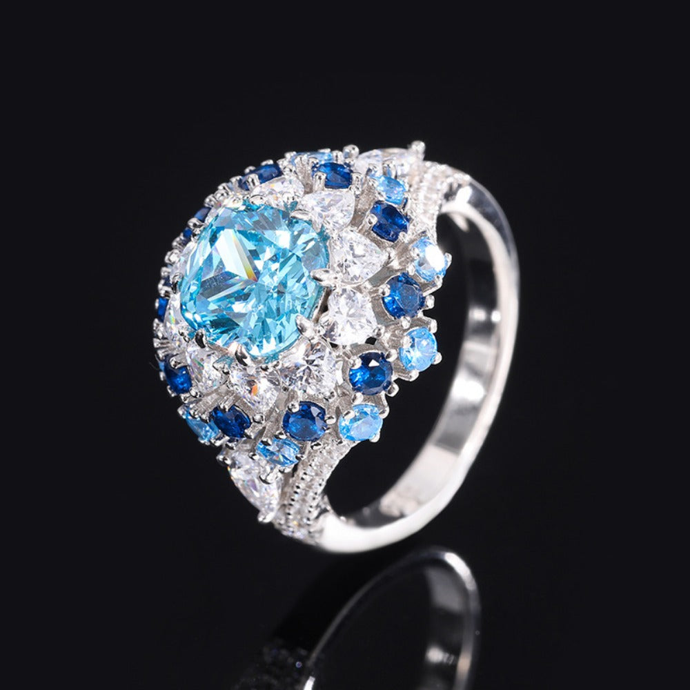 Urqanyu S925 silver simulated aquamarine stamen luxury cubic zirconia ring