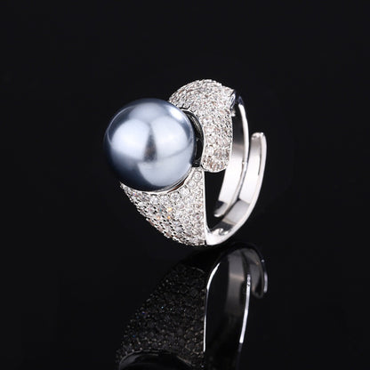 Urqanyu Copper plated white gold inlaid pearls elegant simple cubic zirconia ring 14mm