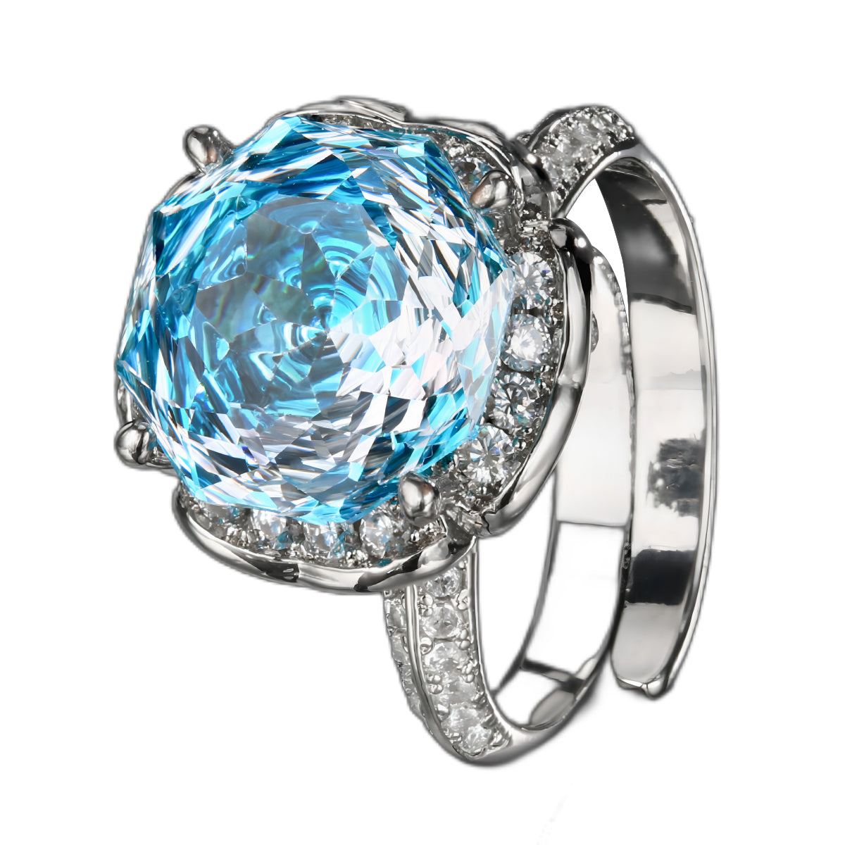 Urqanyu Copper Gold-plated Simulated Rose Cut Sea Blue Bud Textured Cubic Zirconia Ring 12mm