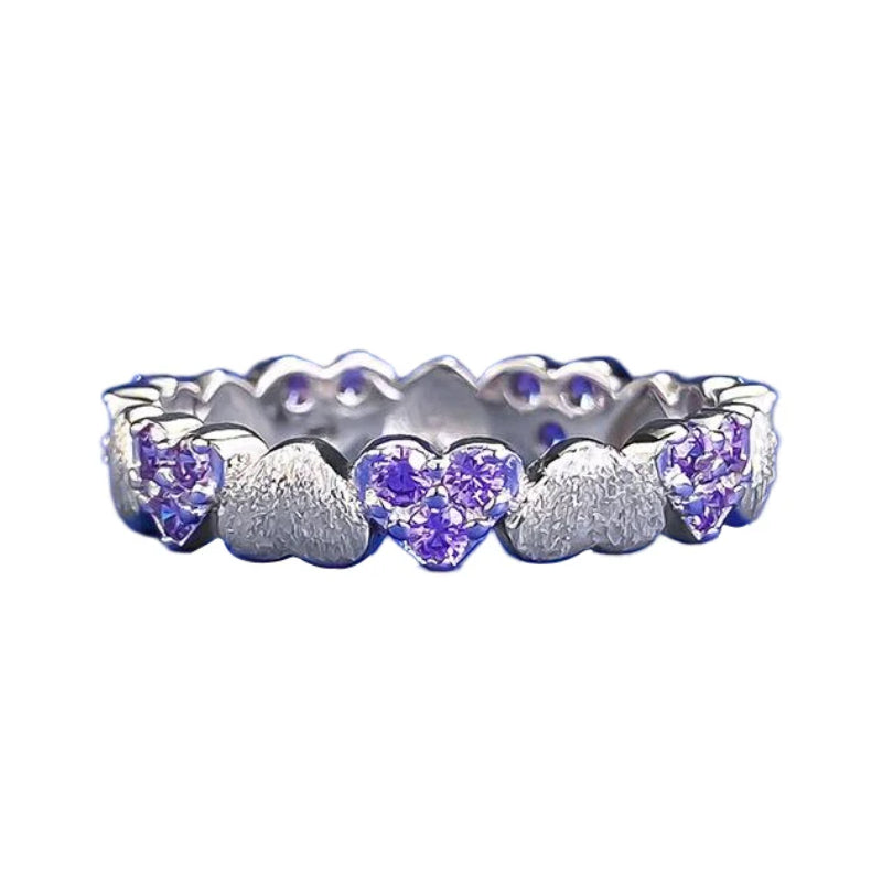 Urqanyu S925 silver retro brushed love purple full circle heart cubic zirconia ring