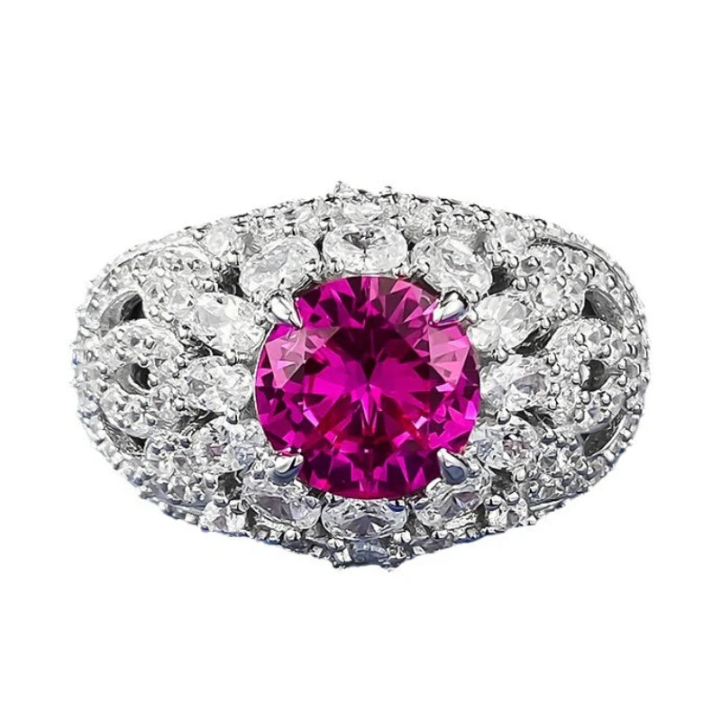 Urqanyu S925 silver fashion pink steel round diamond ring cubic zirconia ring 8.0mm