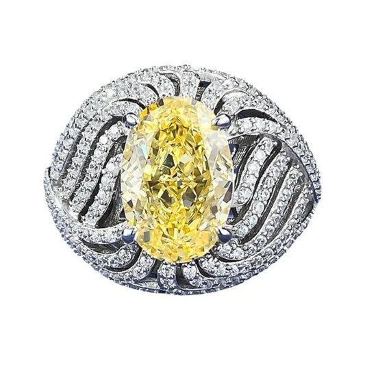 Urqanyu S925 silver egg-shaped vivid yellow ice flower cut cubic zirconia diamond ring 8*12