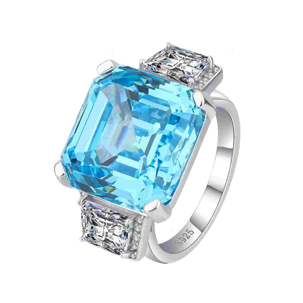 Urqanyu S925 silver Asscher aquamarine princess square cubic zirconia ring
