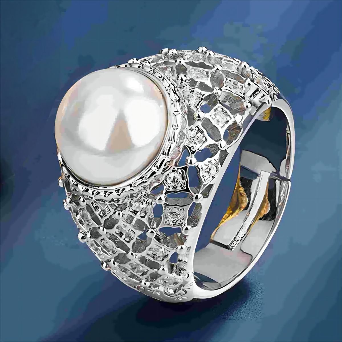 Urqanyu copper-plated gold-plated shell beads light gold white pearls retro hollow cubic zirconia ring 10mm