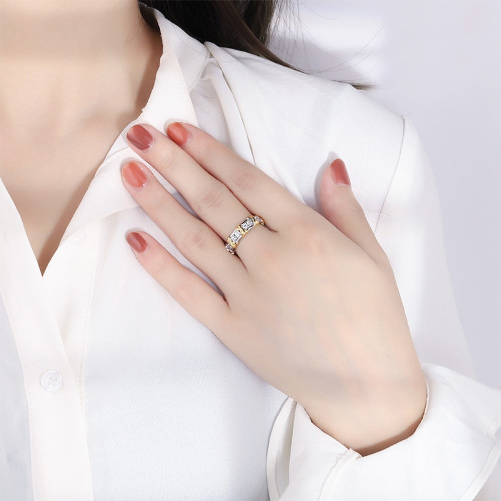 Urqanyu S925 full body silver color electroplating row ring high-quality texture inlaid cubic zirconia ring