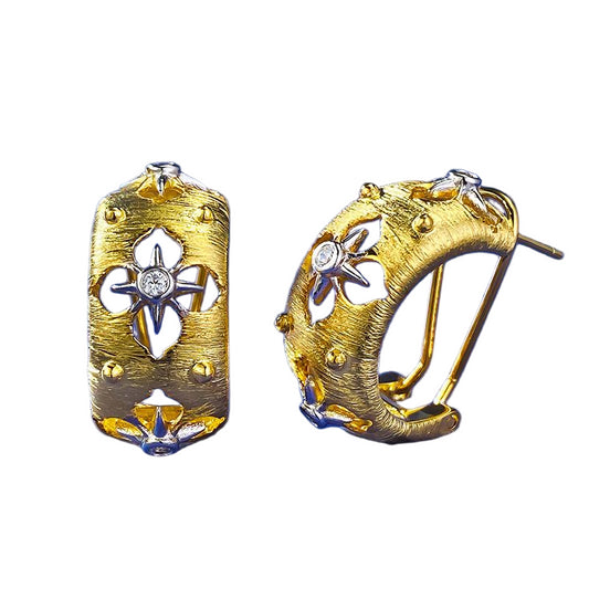 Urqanyu S925 silver Italian hand-brushed palace style gold craft hollow carved cubic zirconia earrings