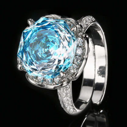 Urqanyu Copper Gold-plated Simulated Rose Cut Sea Blue Bud Textured Cubic Zirconia Ring 12mm