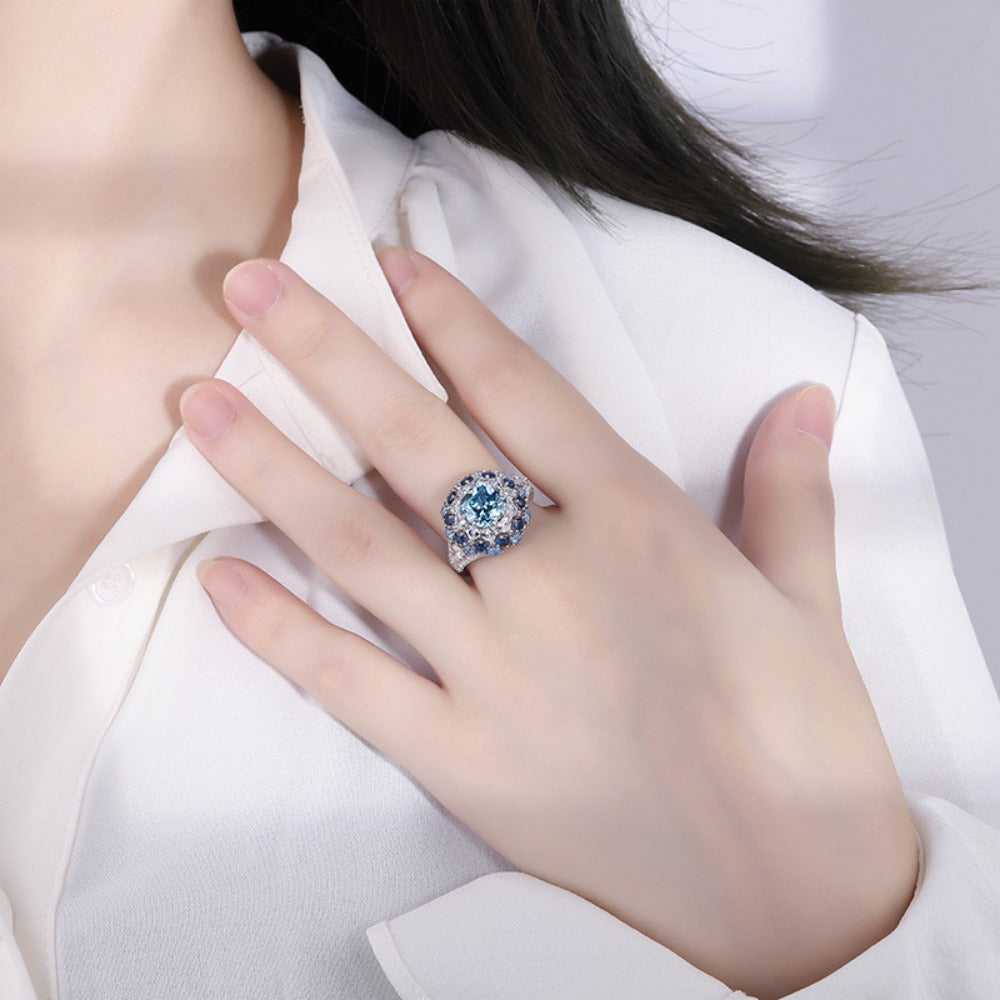 Urqanyu S925 silver simulated aquamarine stamen luxury cubic zirconia ring