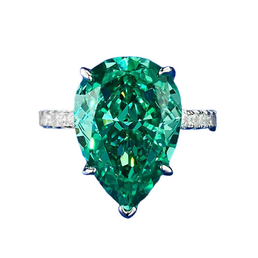 Urqanyu 925 silver cubic zirconia diamond water drop emerald green wedding ring 10*14