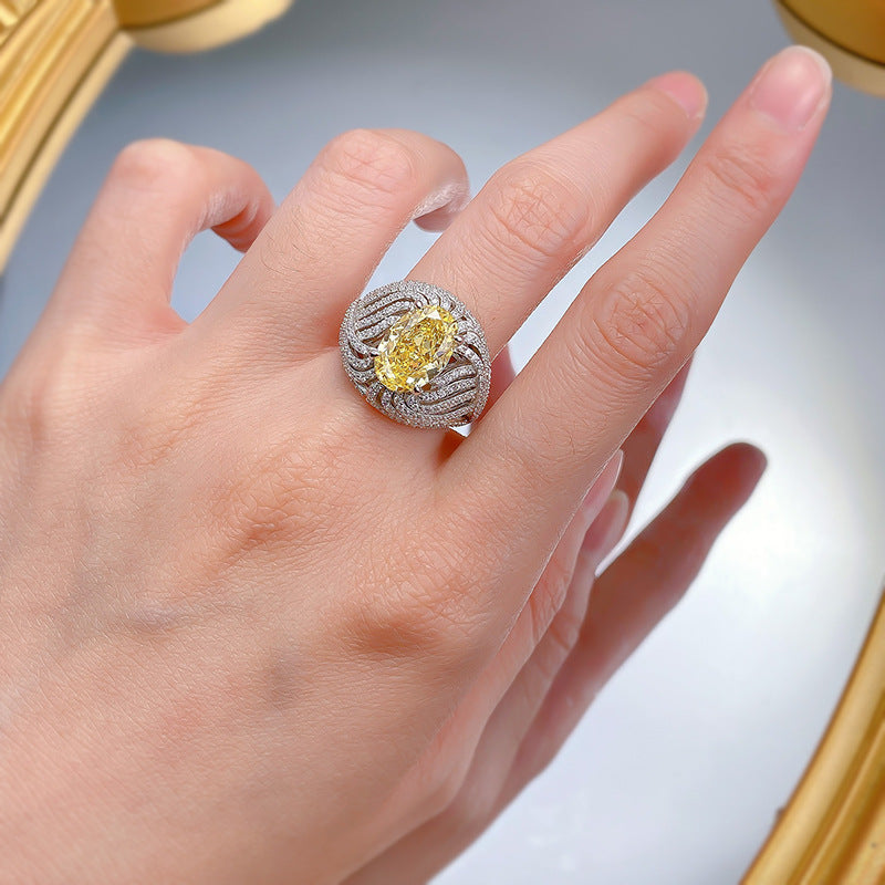 Urqanyu S925 silver egg-shaped vivid yellow ice flower cut cubic zirconia diamond ring 8*12