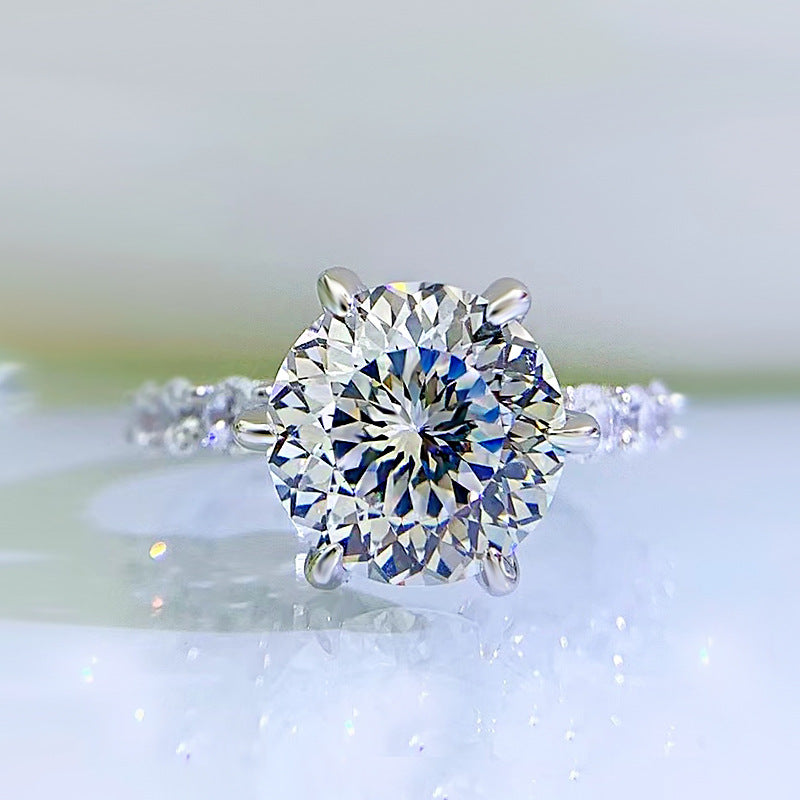 Urqanyu S925 silver 5 carat firework cut aurora six-claw cubic zirconia ring