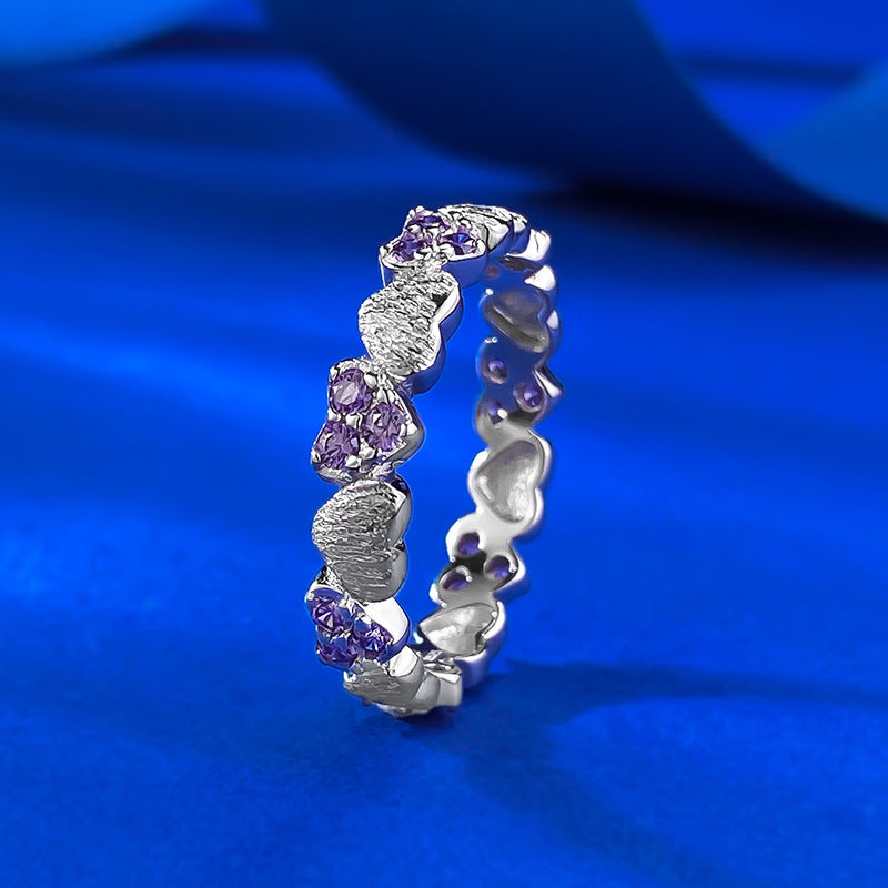 Urqanyu S925 silver retro brushed love purple full circle heart cubic zirconia ring