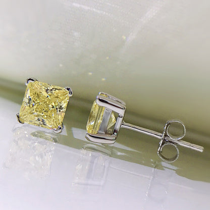 Urqanyu S925 silver bright yellow simple princess square 6m ice flower cut cubic zirconia earrings