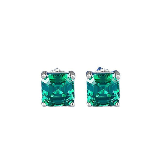Urqanyu S925 silver simple 7*7mm emerald pagoda car flat simulation diamond four-claw cubic zirconia earrings