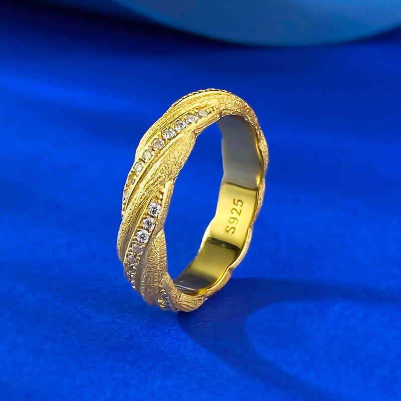 Urqanyu S925 silver Italian brushed gold winding ring layered woven pattern temperament cubic zirconia ring