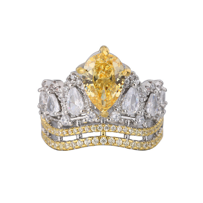 Urqanyu copper-based gold-plated ice flower cut crown copper-inlaid elegant cubic zirconia ring