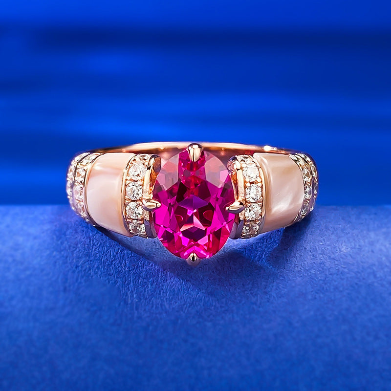 Urqanyu 925 silver natural pink shell rupee red cubic zirconia diamond ring gold