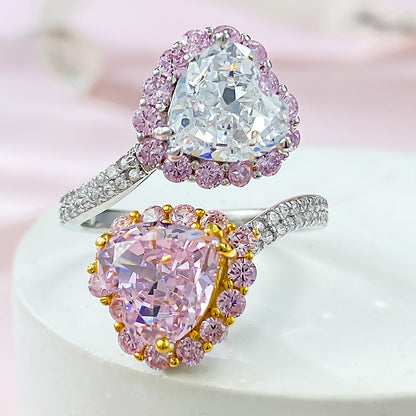 Urqanyu s925 silver contrast color pink diamond heart-shaped cubic zirconia ice flower cut open ring