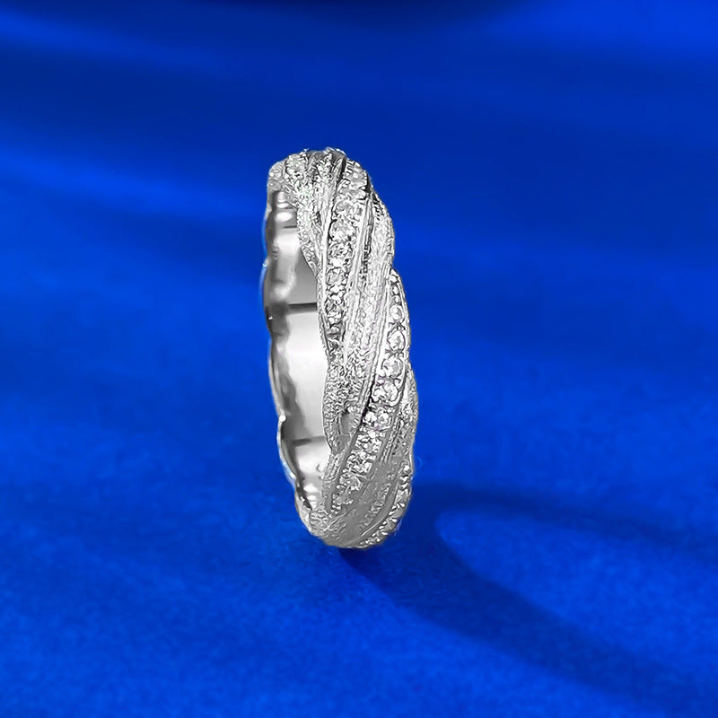 Urqanyu S925 silver Italian brushed gold winding ring layered woven pattern temperament cubic zirconia ring