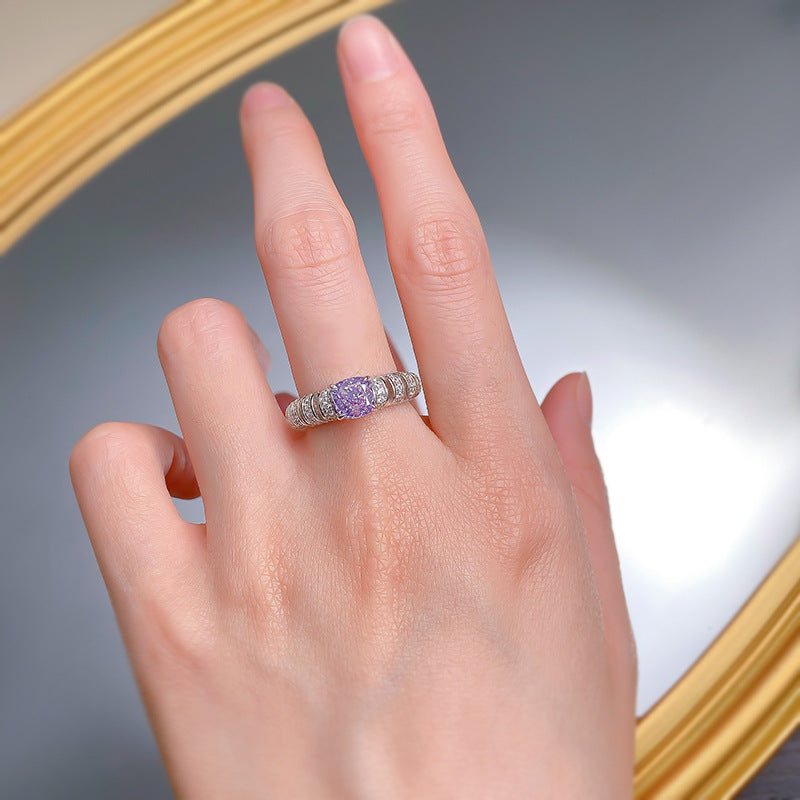 Urqanyu S925 silver inlaid purple cubic zirconia ring 6*6