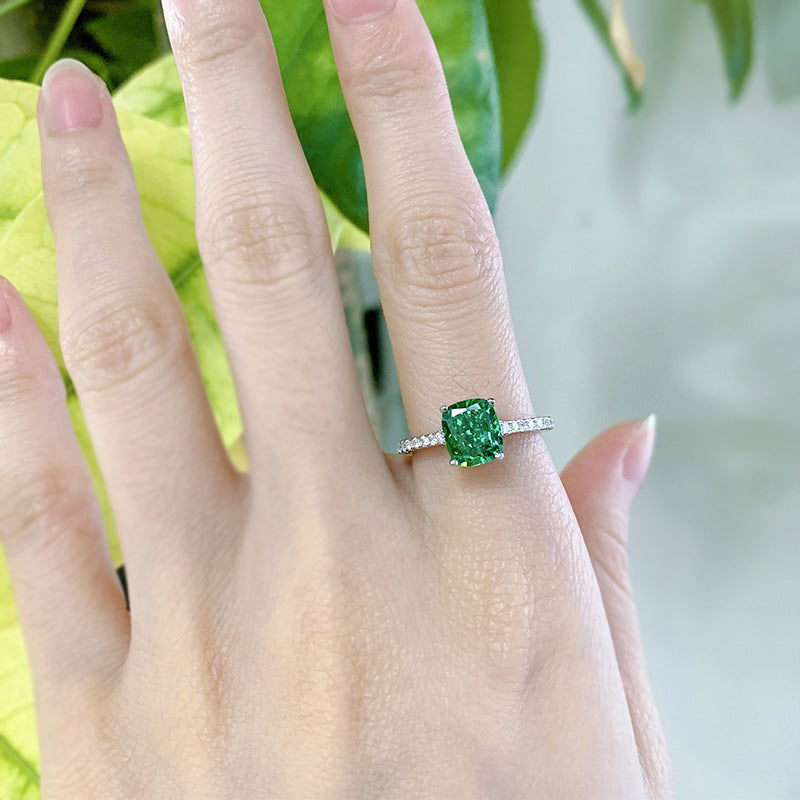 Urqanyu S925 silver emerald green diamond blue ring temperament whitening cubic zirconia ring