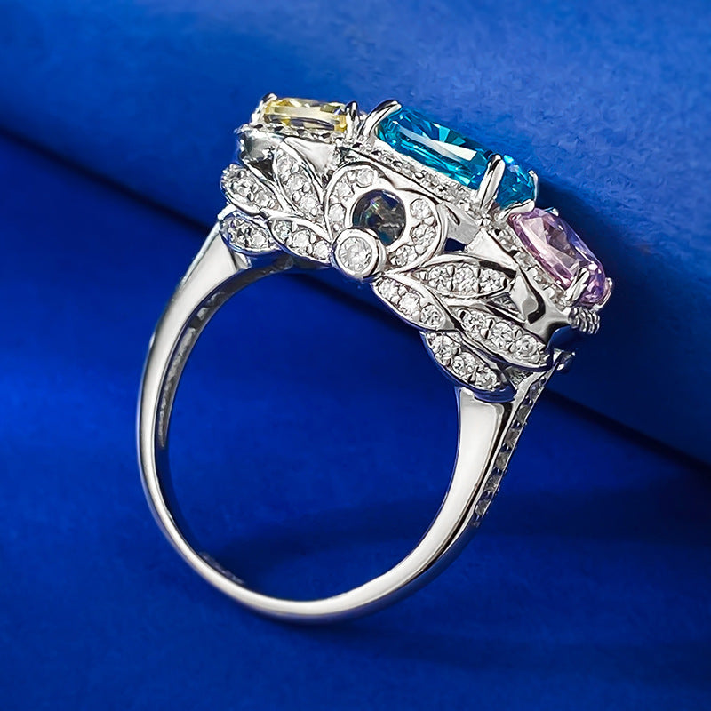 Urqanyu 2 carat imitation color inlaid yellow, blue and pink personality full diamond contrast color cubic zirconia diamond ring