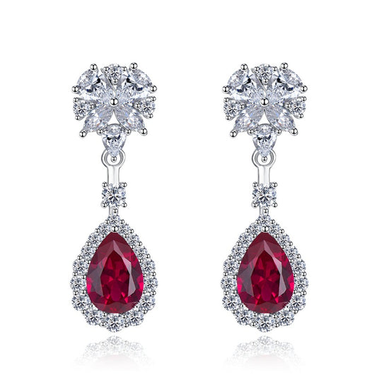 Urqanyu Sterling silver simulated ruby 7*10mm long cubic zirconia earrings