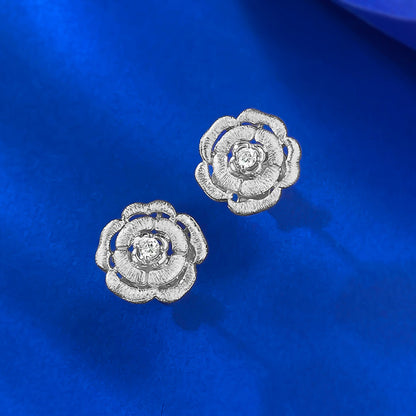 Urqanyu s925 silver camellia brushed fashionable all-match cubic zirconia earrings