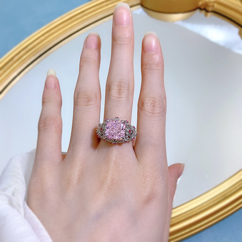Urqanyu S925 silver oval pink cubic zirconia diamond ring 10*10