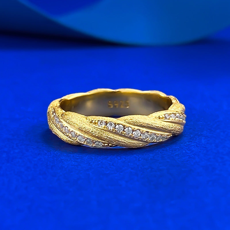 Urqanyu S925 silver Italian brushed gold winding ring layered woven pattern temperament cubic zirconia ring