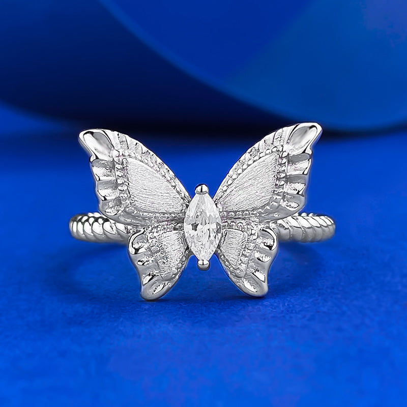 Urqanyu S925 sterling silver plant series medieval brushed fantasy butterfly cubic zirconia ring