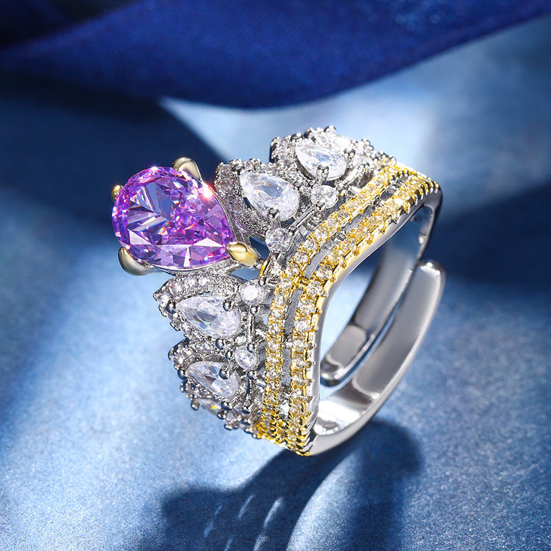Urqanyu copper-based gold-plated ice flower cut crown copper-inlaid elegant cubic zirconia ring