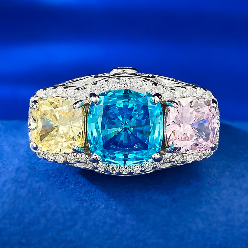 Urqanyu 2 carat imitation color inlaid yellow, blue and pink personality full diamond contrast color cubic zirconia diamond ring
