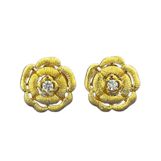 Urqanyu s925 silver gold-plated camellia brushed fashionable all-match cubic zirconia earrings