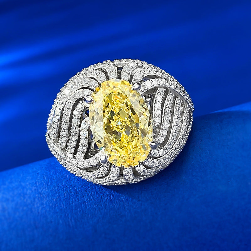 Urqanyu S925 silver egg-shaped vivid yellow ice flower cut cubic zirconia diamond ring 8*12
