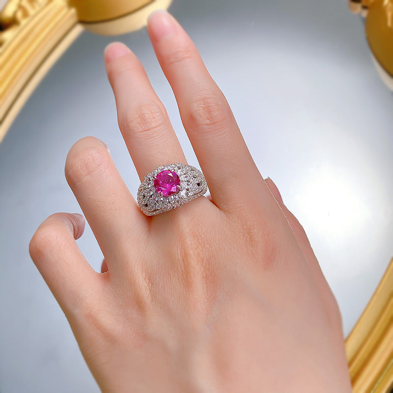 Urqanyu S925 silver fashion pink steel round diamond ring cubic zirconia ring 8.0mm
