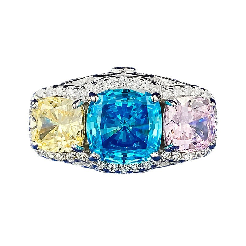 Urqanyu 2 carat imitation color inlaid yellow, blue and pink personality full diamond contrast color cubic zirconia diamond ring