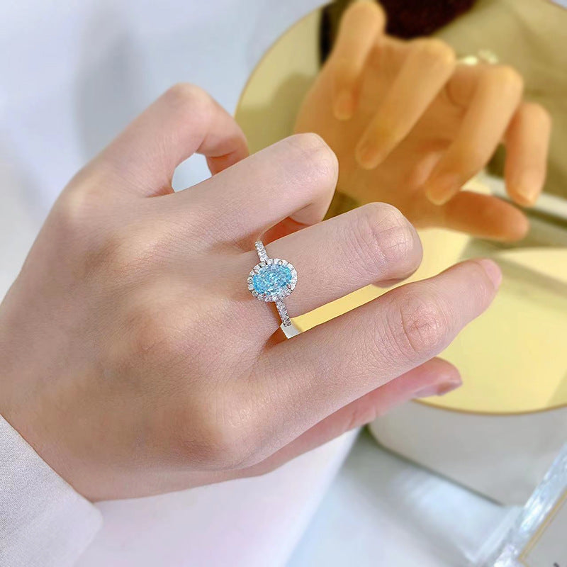 Urqanyu S925 silver one carat oval sea blue cubic zirconia radiant ring 6*8