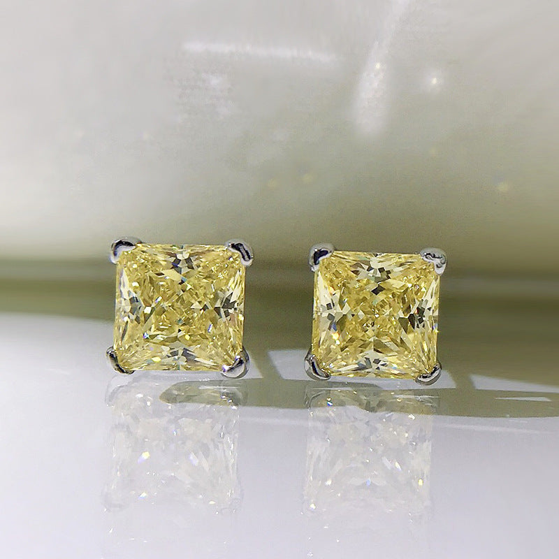 Urqanyu S925 silver bright yellow simple princess square 6m ice flower cut cubic zirconia earrings