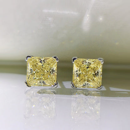 Urqanyu S925 silver bright yellow simple princess square 6m ice flower cut cubic zirconia earrings